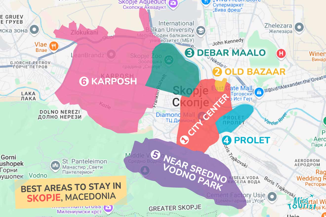 Map of Skopje, Macedonia, highlighting six best areas to stay: City Center, Old Bazaar, Debar Maalo, Prolet, Near Sredno Vodno Park, and Karposh.