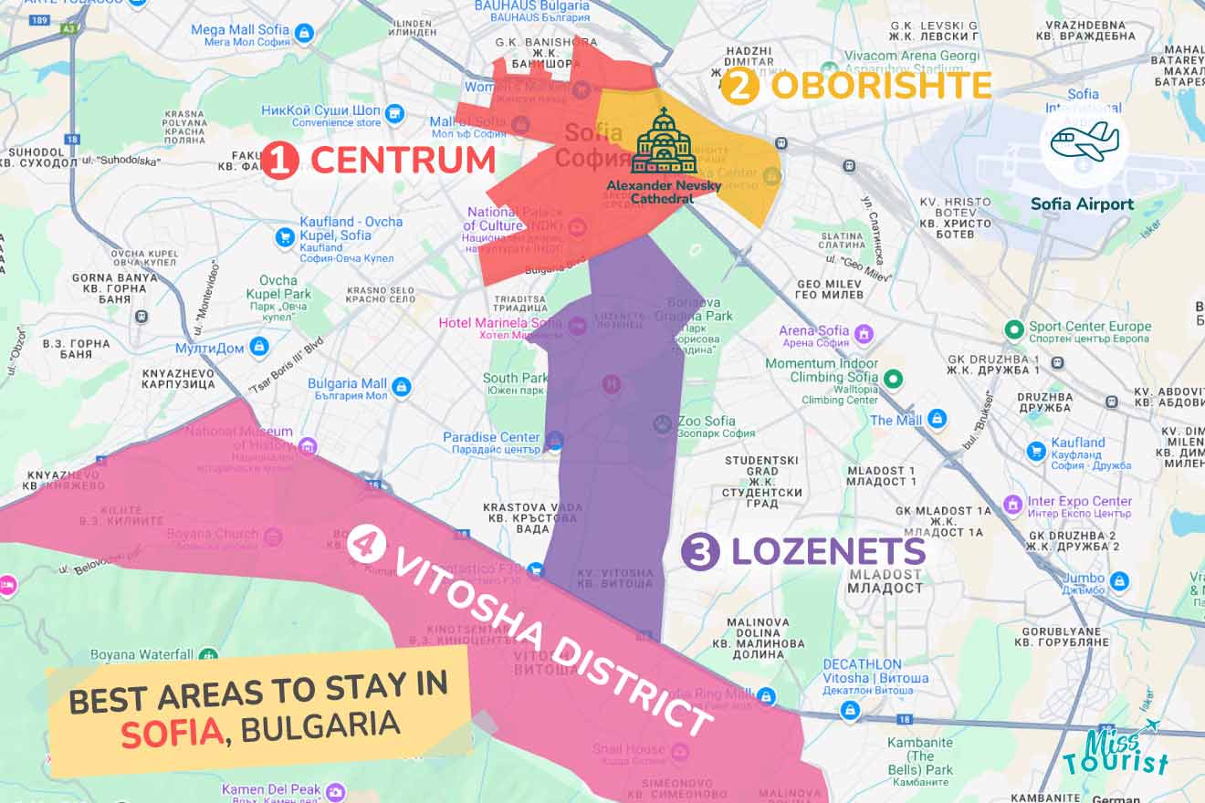 Map highlighting best areas to stay in Sofia, Bulgaria: 1) Centrum, 2) Oborishte, 3) Lozenets, 4) Vitosha District. Main landmarks and Sofia Airport shown.