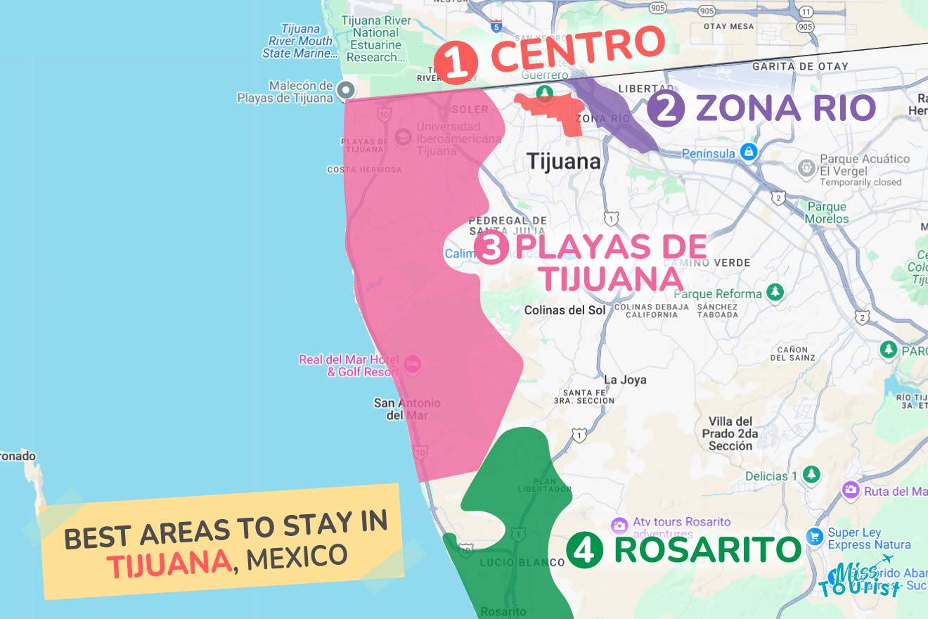 Map highlighting the best areas to stay in Tijuana, Mexico: Centro, Zona Rio, Playas de Tijuana, and Rosarito.