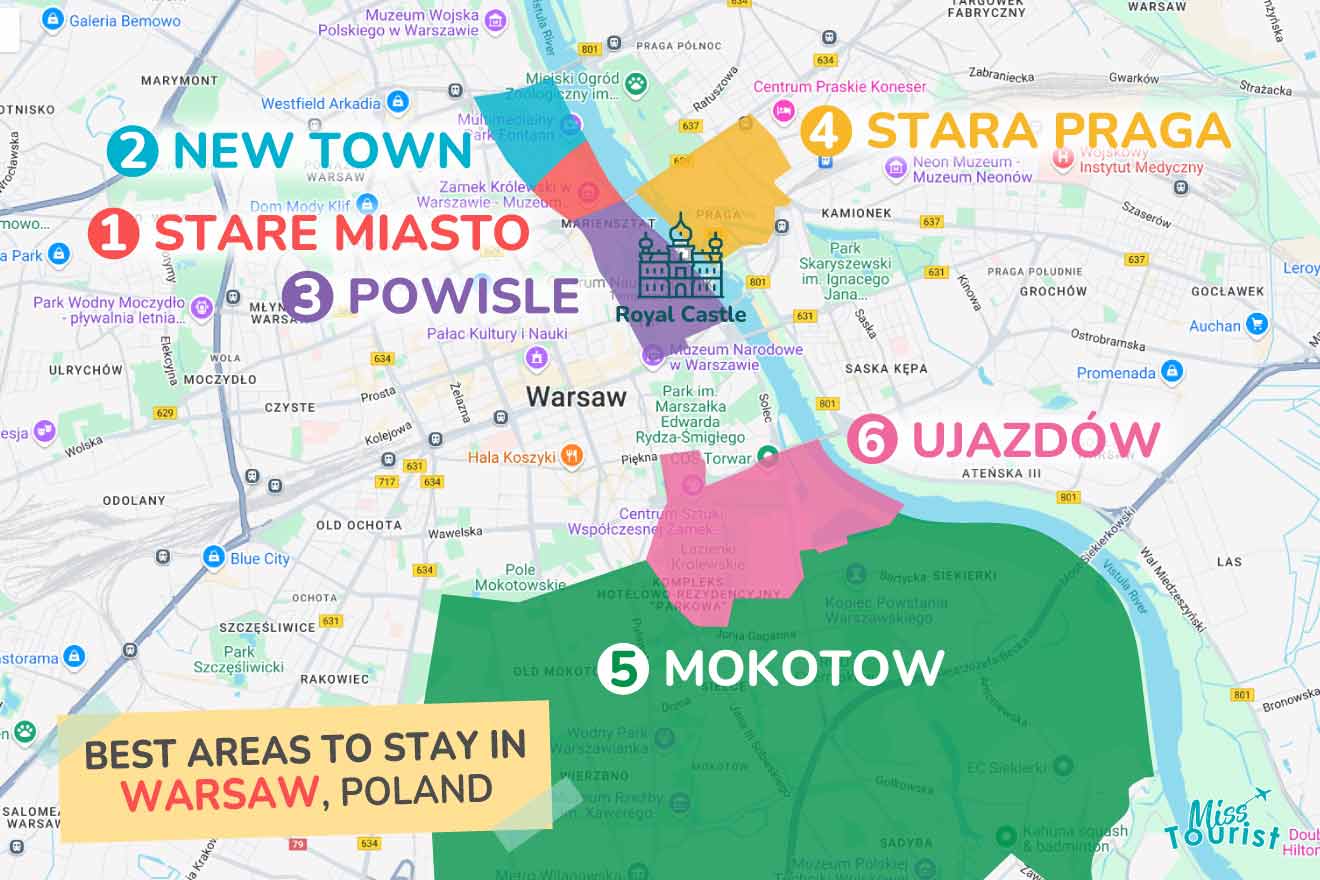 Map of Warsaw highlighting recommended areas to stay: 1) Stare Miasto, 2) New Town, 3) Powisle, 4) Stara Praga, 5) Mokotow, 6) Ujazdow.