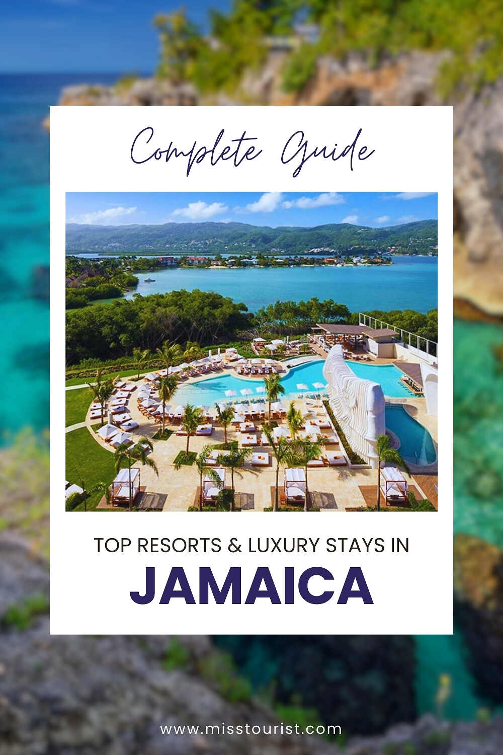 Aerial view of a luxury resort with a large pool, surrounded by greenery and ocean in Jamaica. Text overlay reads 