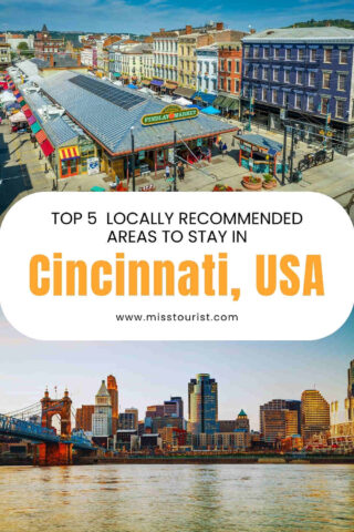 Aerial view of Findlay Market in Cincinnati, with text overlay about top local areas to stay in Cincinnati, USA.