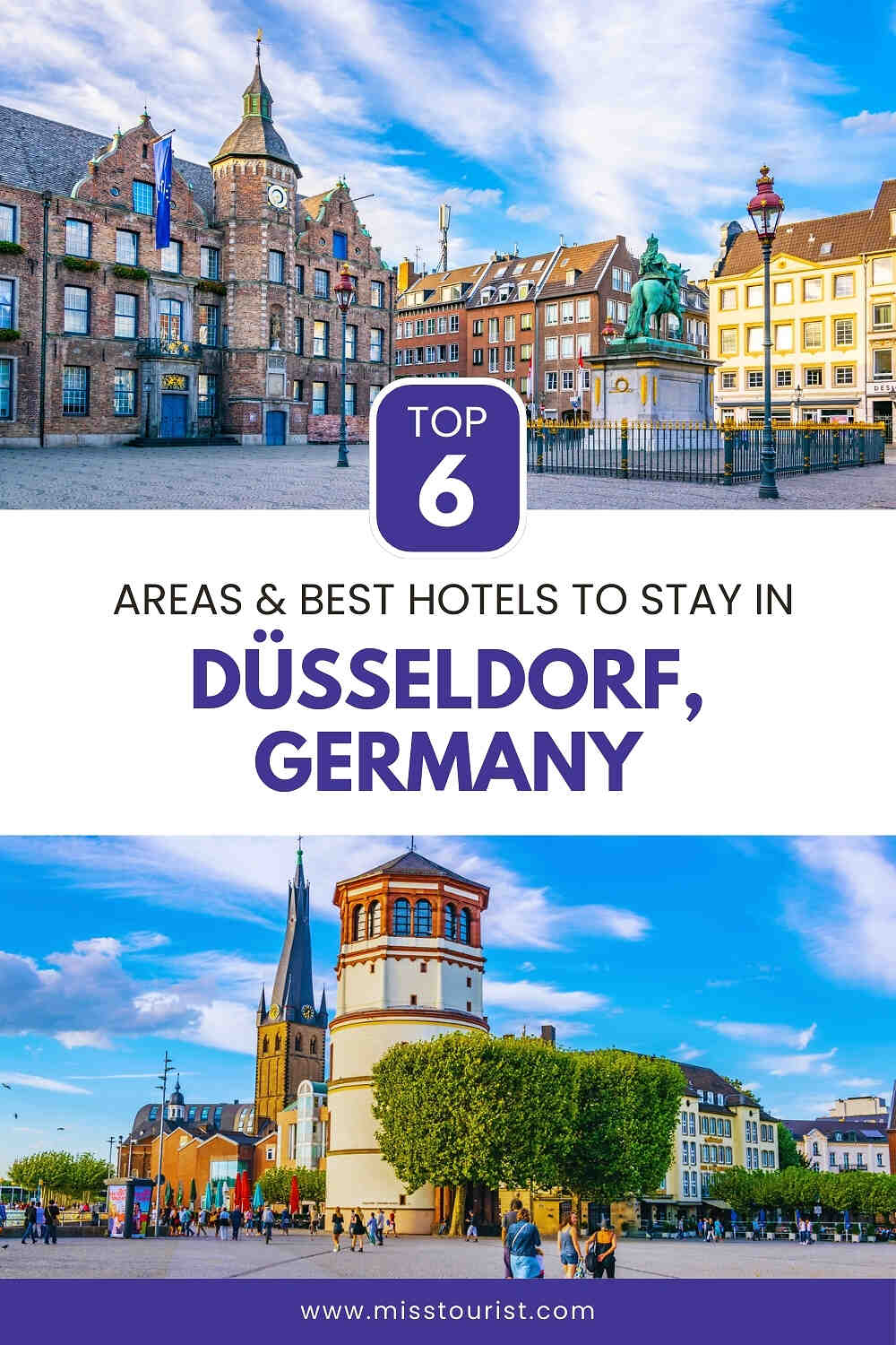 A promotional image for Düsseldorf, Germany, highlighting top areas and hotels, featuring historic buildings and clear blue skies.