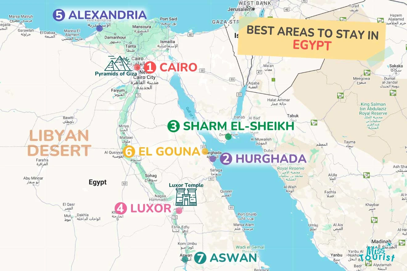 Map highlighting best areas to stay in Egypt: Cairo, Alexandria, Sharm El-Sheikh, Hurghada, Luxor, El Gouna, and Aswan. Notable sites include Pyramids of Giza and Luxor Temple.