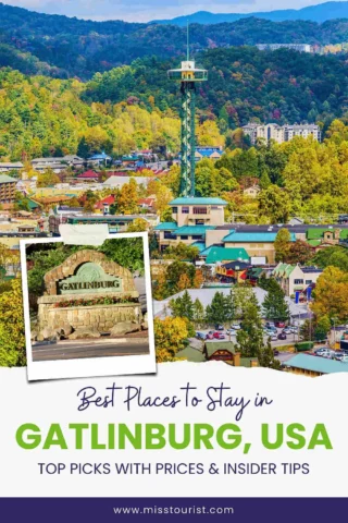 Aerial view of Gatlinburg, USA, featuring a prominent observation tower surrounded by trees and buildings. Text overlay promotes best places to stay with tips.