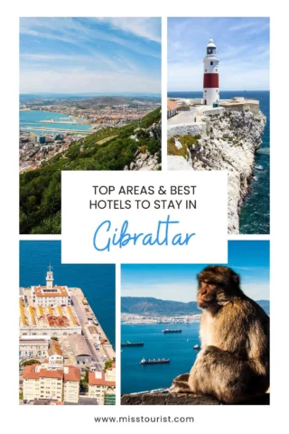 Collage of Gibraltar views: cityscape, lighthouse on a cliff, aerial view of ships in water, and a monkey sitting on a ledge. Text reads, "Top areas & best hotels to stay in Gibraltar.