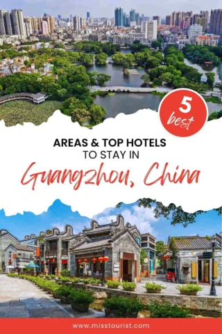 Aerial view of Guangzhou cityscape and a historic hotel courtyard below the text: "5 Best Areas & Top Hotels to Stay in Guangzhou, China.