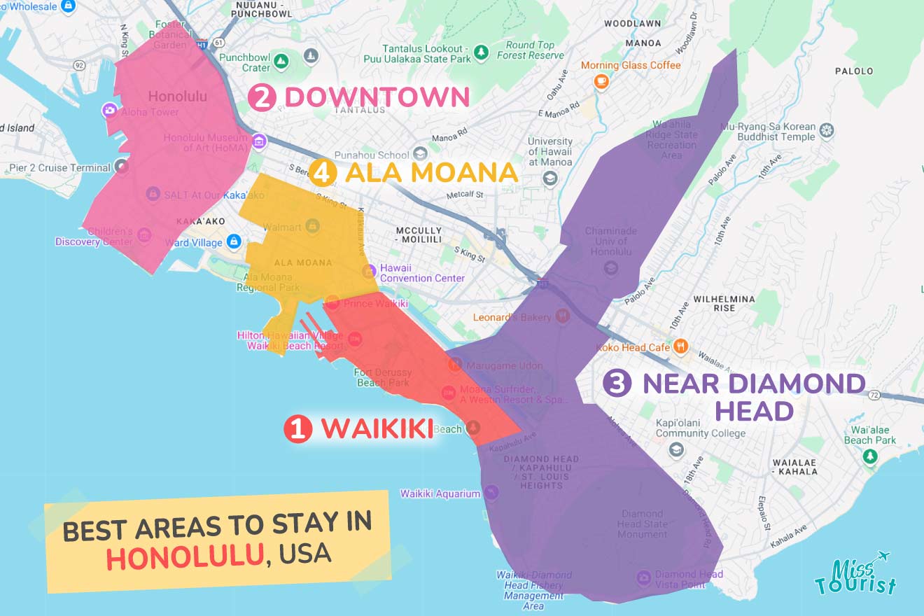 Map highlighting the best areas to stay in Honolulu: Waikiki (1), Downtown (2), Near Diamond Head (3), and Ala Moana (4).