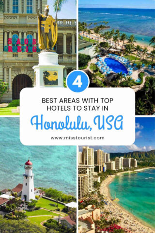 Collage of Honolulu attractions: historic building with statue, aerial view of beachfront resort, iconic lighthouse, and a busy city beach with high-rise hotels.