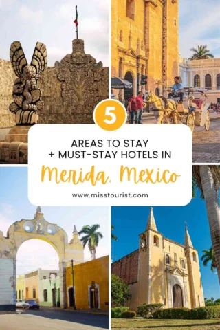 Collage of Mérida, Mexico featuring historic architecture, a horse-drawn carriage, and decorative statues. Text overlay: "5 Areas to Stay + Must-Stay Hotels in Mérida, Mexico.