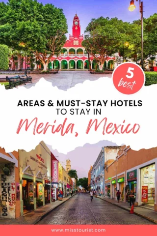 Colorful guide cover featuring Merida, Mexico's architecture, with text highlighting 5 best areas and hotels to stay.