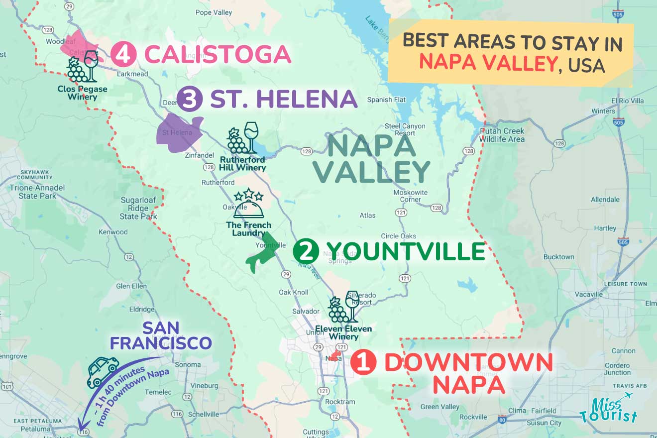 Map highlighting best areas to stay in Napa Valley, USA: Downtown Napa, Yountville, St. Helena, and Calistoga. Includes marked locations of wineries and nearby San Francisco.