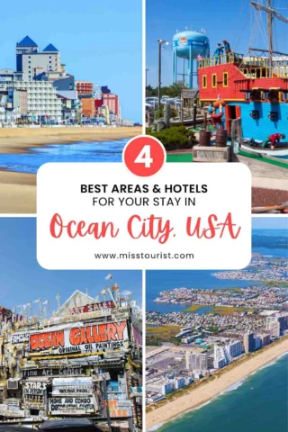 Collage of Ocean City, USA showing beach hotels, a water park, art gallery signage, and an aerial view of the coastline. Text highlights best areas and hotels.