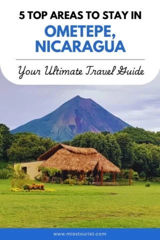 A grassy area with a thatched-roof building sits in front of a large volcanic mountain under a cloudy sky. Text reads "5 Top Areas to Stay in Ometepe, Nicaragua: Your Ultimate Travel Guide.