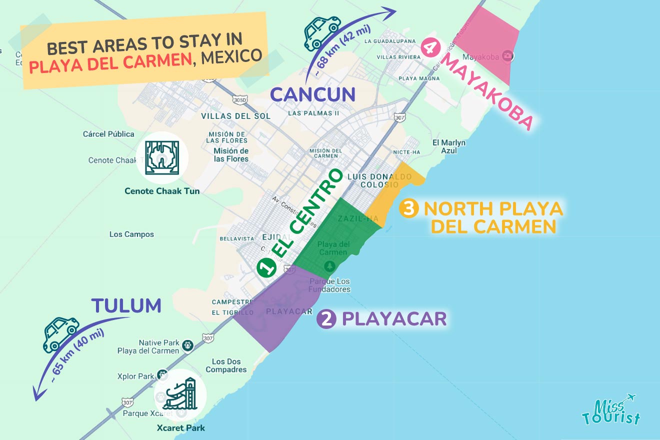 Map highlighting four best areas to stay in Playa del Carmen, Mexico: El Centro, Playacar, North Playa del Carmen, and Mayakoba, with proximity to Tulum and Cancun indicated.