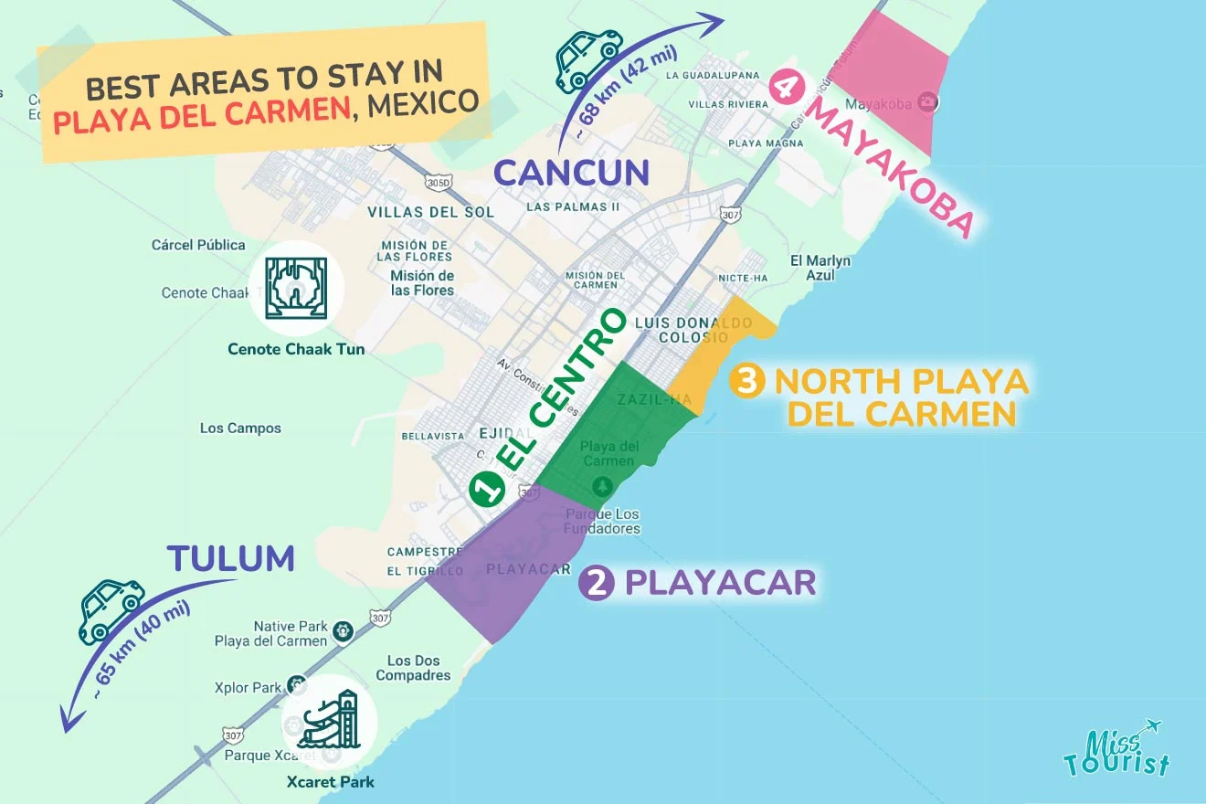 Map highlighting four best areas to stay in Playa del Carmen, Mexico: El Centro, Playacar, North Playa del Carmen, and Mayakoba, with proximity to Tulum and Cancun indicated.