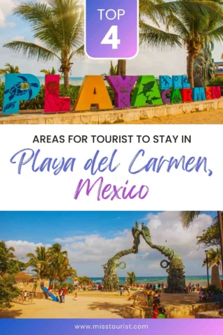 Colorful sign and beach scene in Playa del Carmen, Mexico, featuring palm trees and a sculpture by the sea. Text highlights tourist areas to stay.