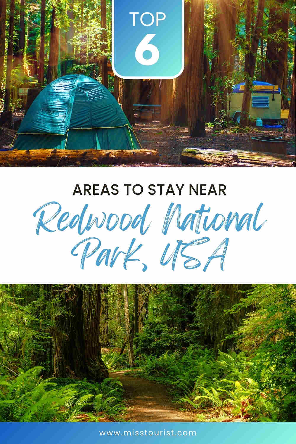 A vibrant green forest scene with a tent and an RV, promoting camping areas near Redwood National Park, USA. Text reads: 