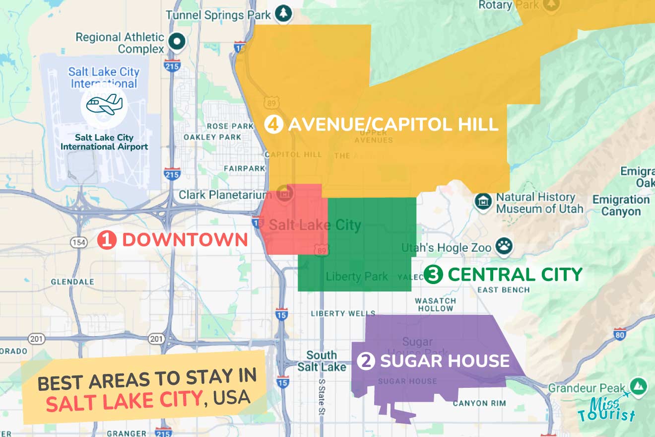 Map showing the best areas to stay in Salt Lake City: Downtown, Sugar House, Central City, and Avenue/Capitol Hill. Major roads and landmarks are also highlighted.