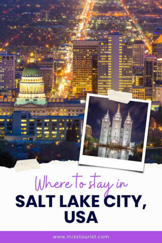 Aerial view of Salt Lake City at night with a highlighted image of a cathedral. Text reads 