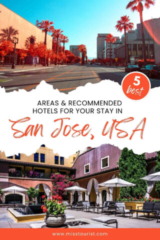 Collage of San Jose, USA with cityscape and hotel courtyard featuring umbrellas and seating. Text reads 