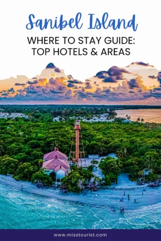 Aerial view of Sanibel Island with a lighthouse surrounded by trees and beach, under a cloudy sky. Text reads: 