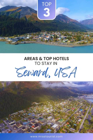 Two aerial views of Seward, USA, highlighting areas and top hotels. The top image shows a coastal scene; the bottom image reveals a town nestled between mountains.