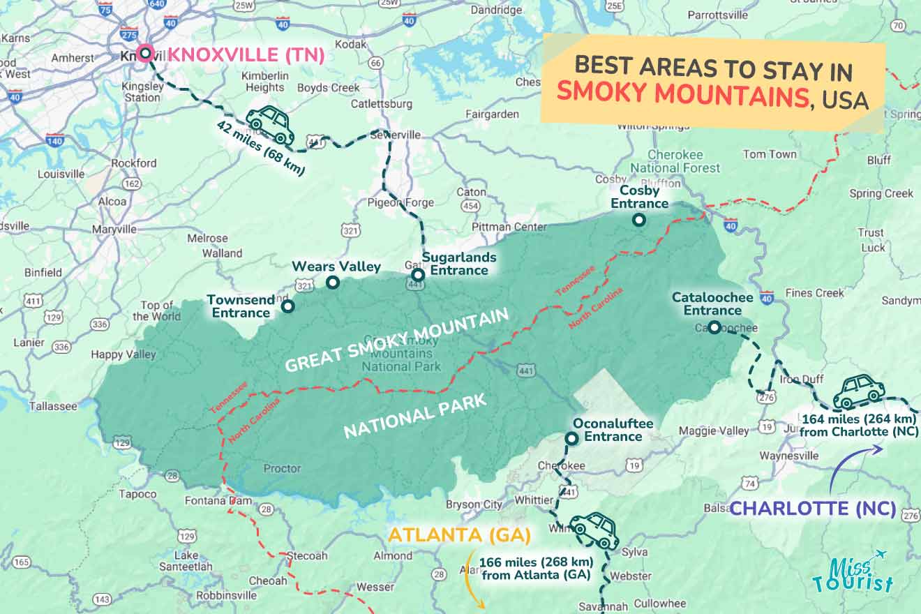 Map highlighting best areas to stay in Smoky Mountains, USA, showing distances from Knoxville, Atlanta, and Charlotte, with park entrances marked.