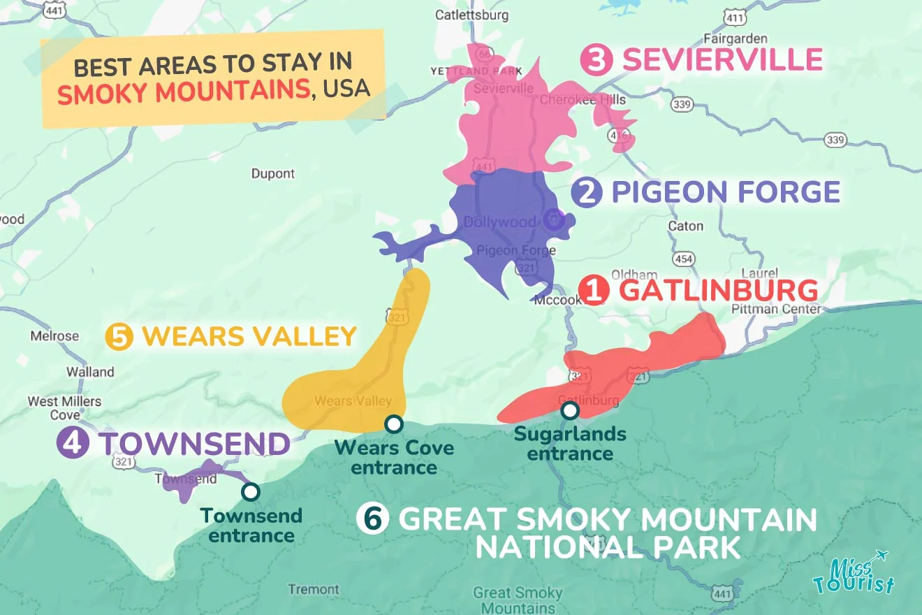 Map highlighting the best areas to stay near the Smoky Mountains, including Gatlinburg, Pigeon Forge, Sevierville, Townsend, and Wears Valley.