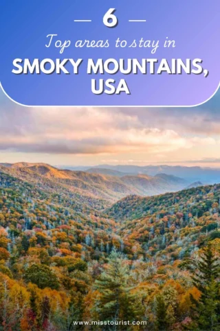 A scenic view of the Smoky Mountains with autumn foliage, under a gradient sky. Text says, 