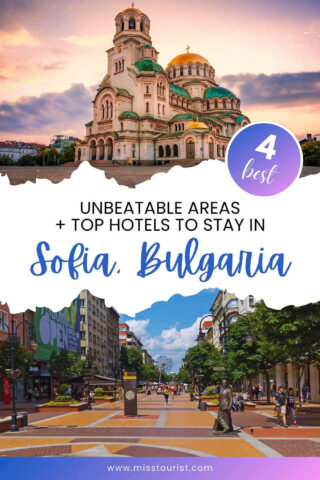 Collage featuring Alexander Nevsky Cathedral and a Sofia street, promoting top hotels and areas in Sofia, Bulgaria.