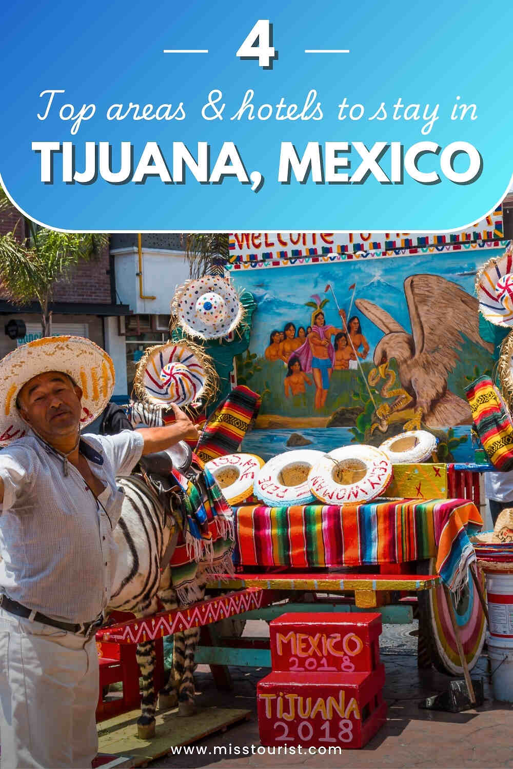 A man in traditional attire poses with colorful decorations and hats in Tijuana, Mexico. A painted mural is in the background. Text reads 