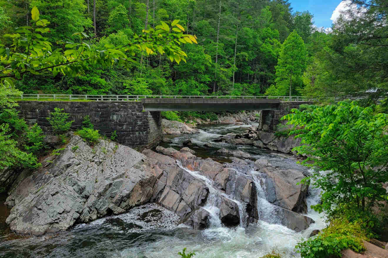 A stone bridge crosses over a rocky river with small waterfalls, surrounded by lush green trees.