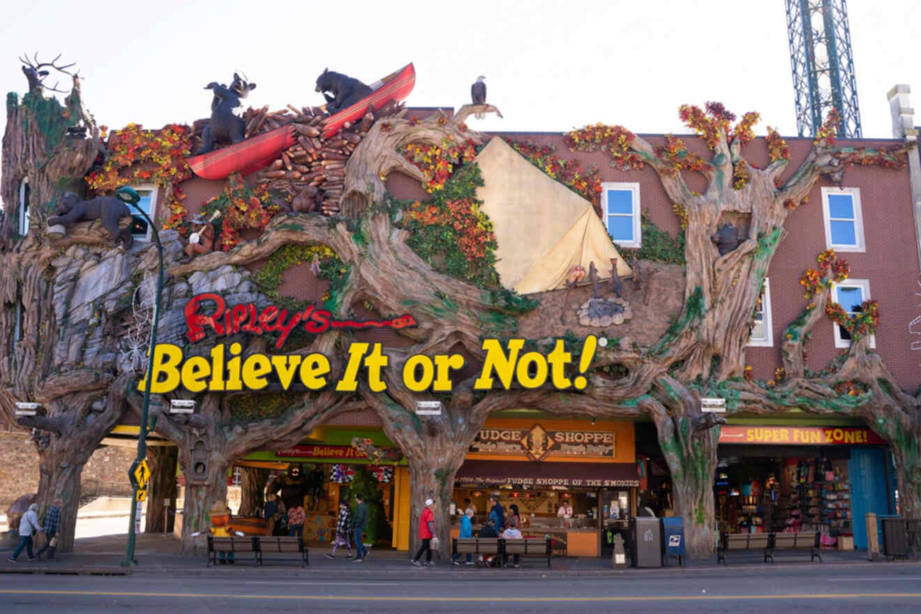 Ripley's Believe It or Not! building with tree and animal sculptures, colorful facade, and people walking by.