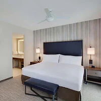 Hotel room with a king-sized bed, striped wallpaper, two bedside tables with lamps, a ceiling fan, and an adjoining bathroom visible.