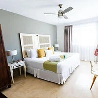 A tidy bedroom with a large bed, two side tables with lamps, a ceiling fan, a wooden wardrobe, and a window with curtains.