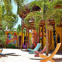 Colorful outdoor lounge area with palm trees, wooden beach chairs, hammocks, and vibrant wall murals under a bright sky.