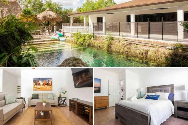 Outdoor pool area with a thatched umbrella and inflatable float. Interiors include a modern living room with a large TV and a bedroom with a double bed and dresser.