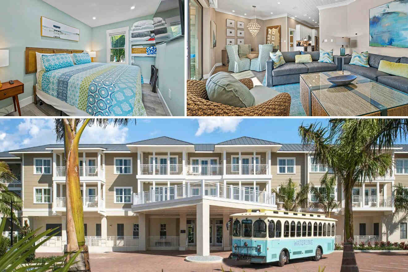 Collage shows a bedroom with teal decor, a living room with a large sofa, and a building with a trolley in front.