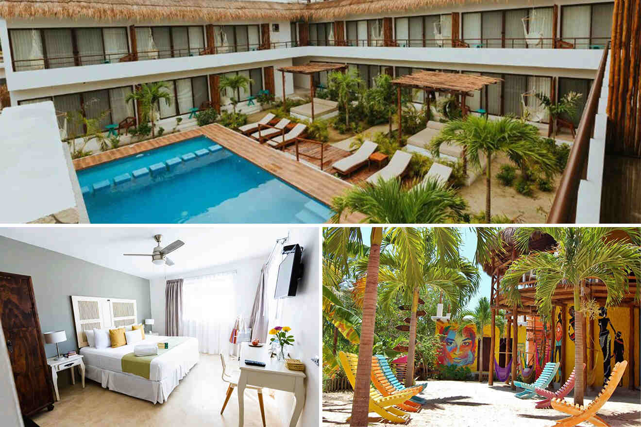 Aerial view of a hotel courtyard with a pool and loungers; below are images of a modern hotel room and colorful outdoor seating with hammocks.