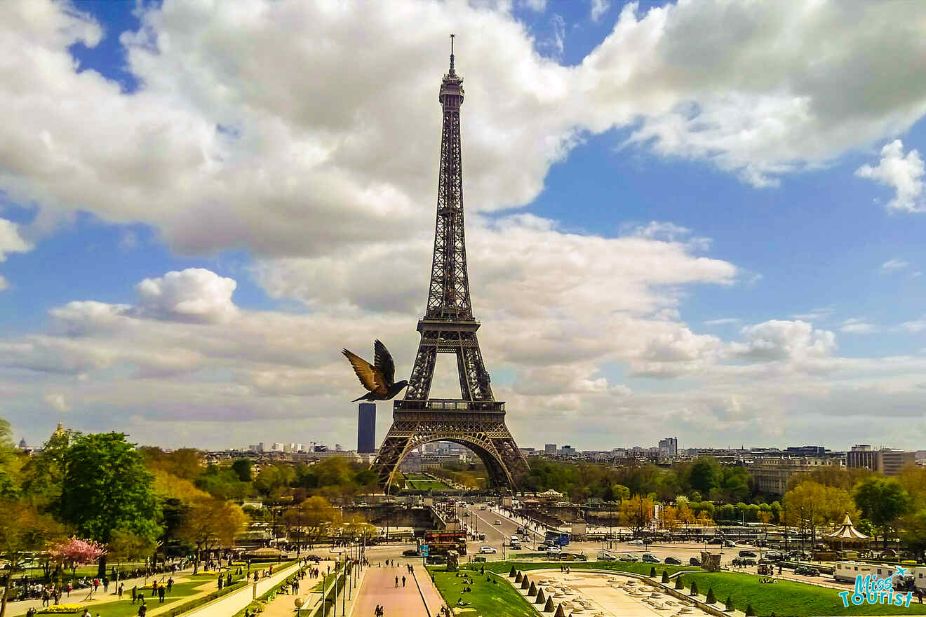 Eiffel Tower with a large bird flying nearby, set against a partly cloudy sky, viewed from a distance with people and park in the foreground.