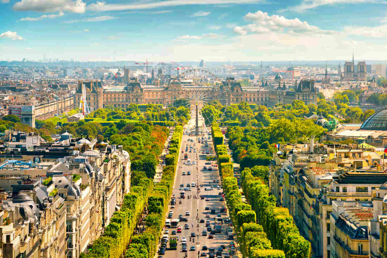 Aerial view of a busy Paris street lined with trees, leading to a distant Ferris wheel and historic buildings under a partly cloudy sky.