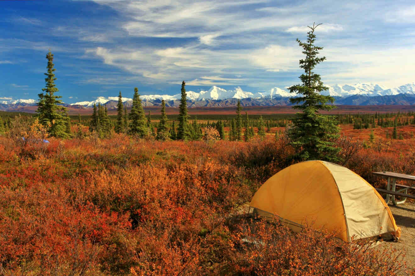 A yellow tent is set up in a vibrant autumn landscape with scattered evergreen trees and a snowy mountain range in the distance under a blue sky.