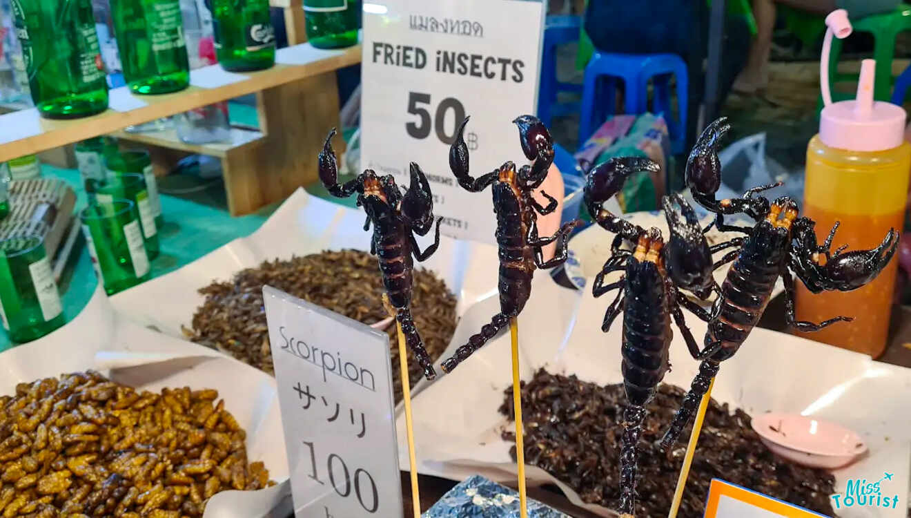 Close-up of a market stall displaying fried insects and scorpions on skewers, with price signs in multiple languages in Thailand