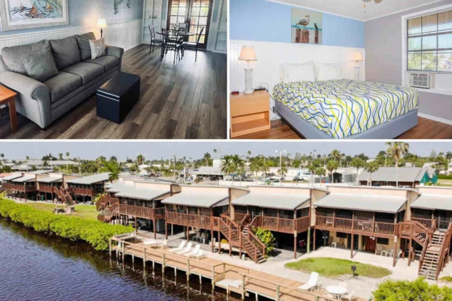 Collage of a vacation rental featuring a living room, bedroom, and exterior view with waterfront balconies.