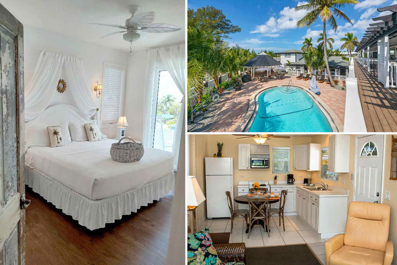 Collage of a serene bedroom, outdoor pool area with palm trees, and a cozy kitchen with dining table.