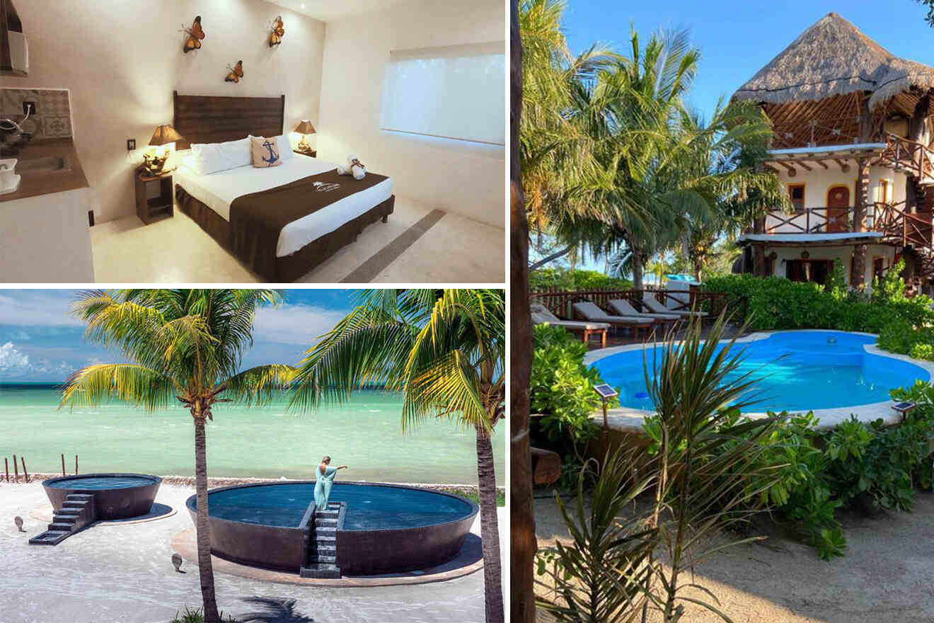 Collage of a hotel room, a round pool at the beach, and a garden pool area with palm trees and a thatched-roof building.