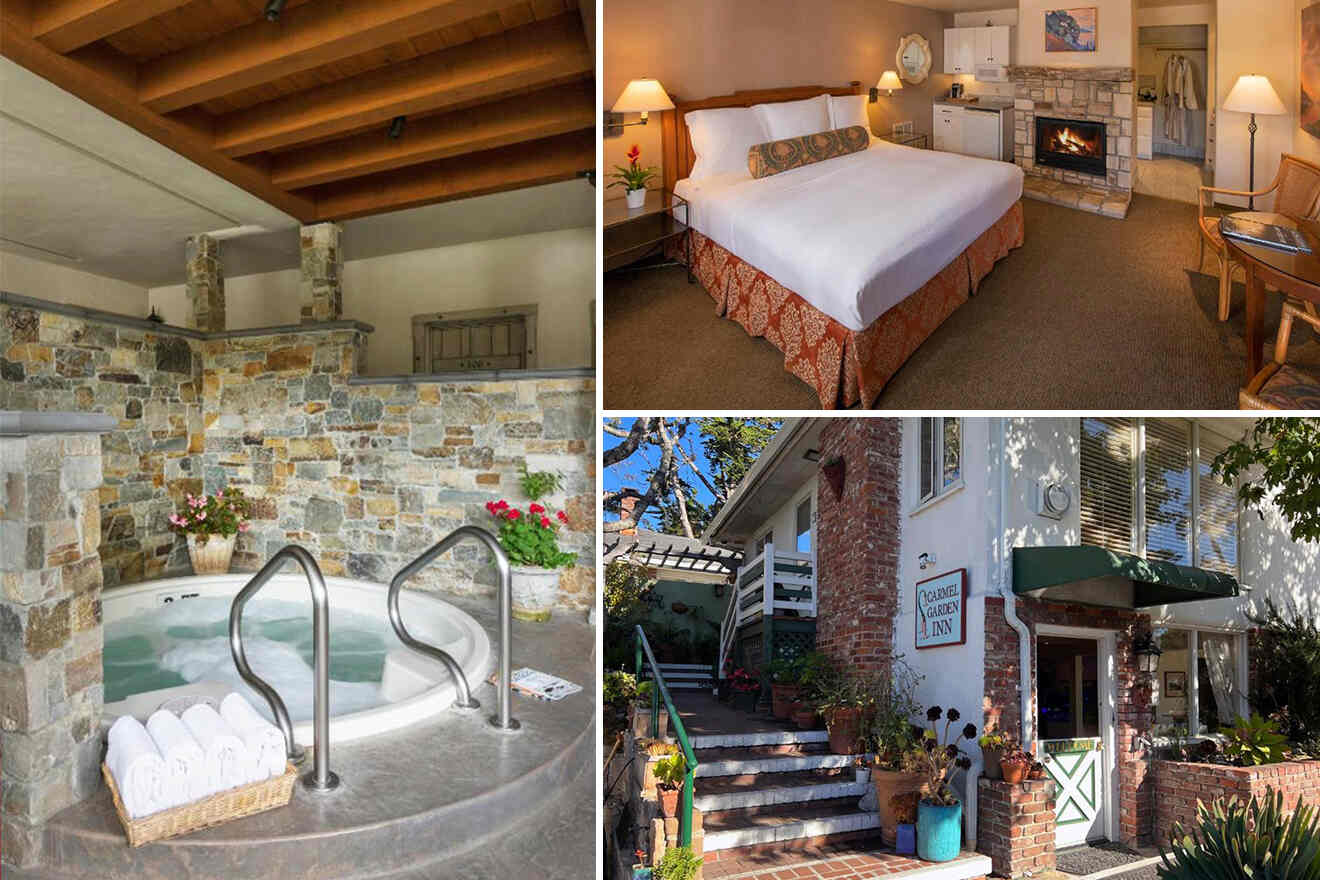 Collage of a cozy inn featuring a room with a fireplace, a stone hot tub, and an exterior view with a staircase and green entrance sign.