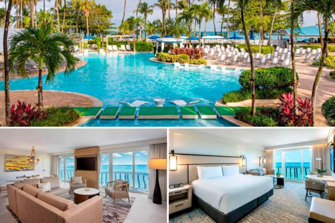 Resort with a large outdoor pool surrounded by palm trees. Below are images of a modern living area with ocean view and a spacious bedroom with a large bed.