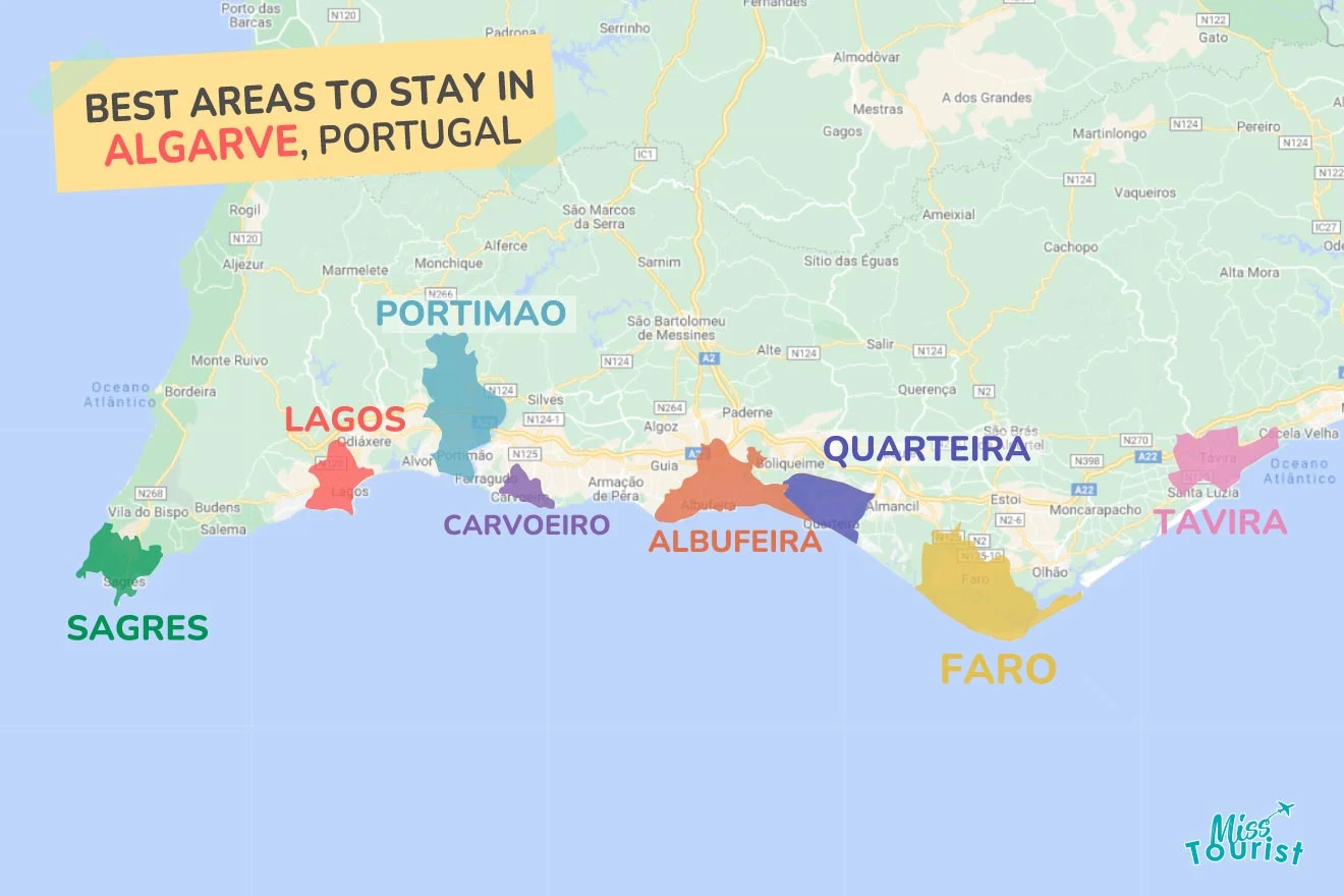 Map highlighting best areas to stay in Algarve, Portugal: Sagres, Lagos, Carvoeiro, Portimao, Albufeira, Quarteira, Faro, and Tavira.